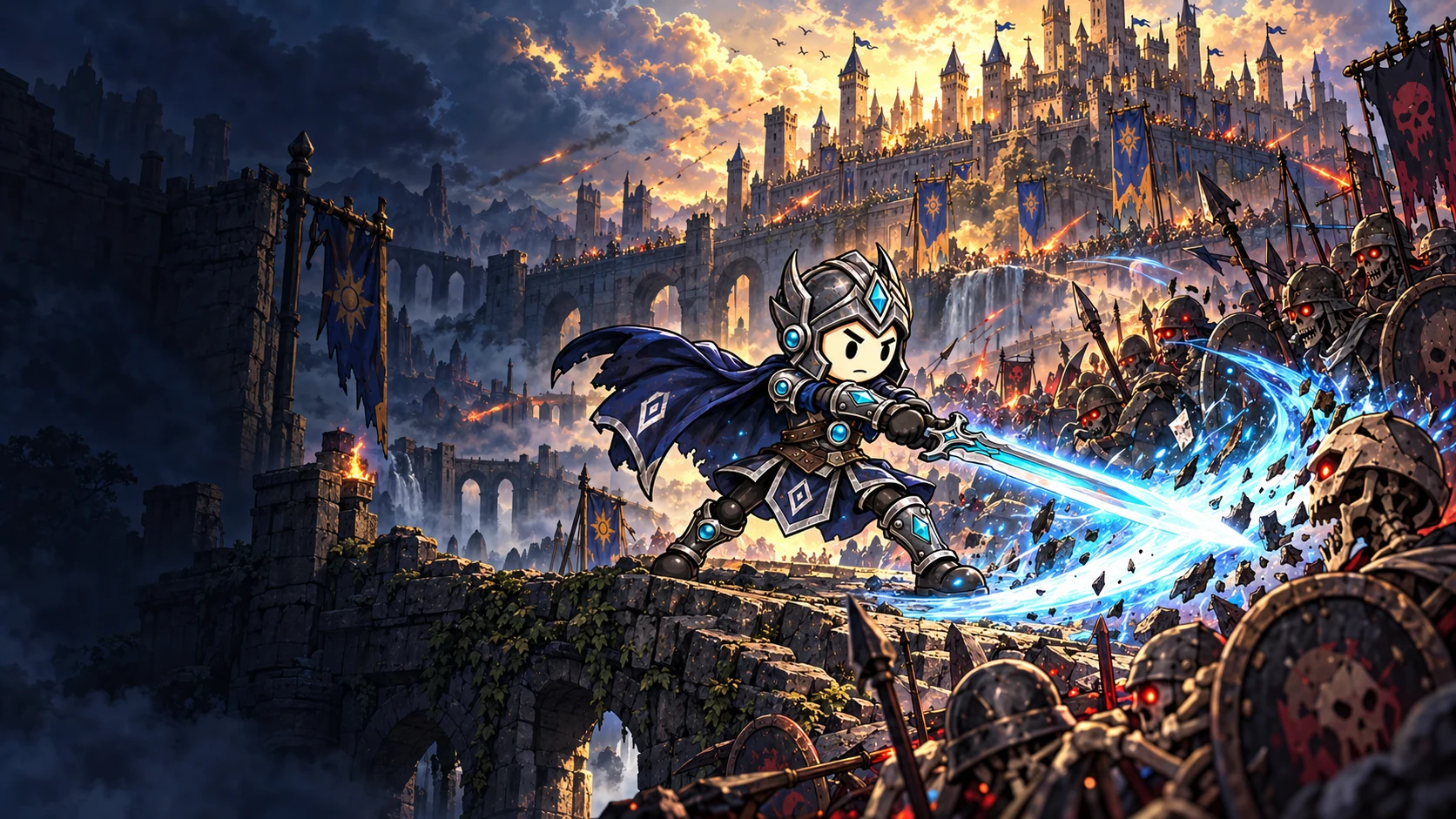 Spellsword in dark silver-edged armor unleashing a cyan arc of magic