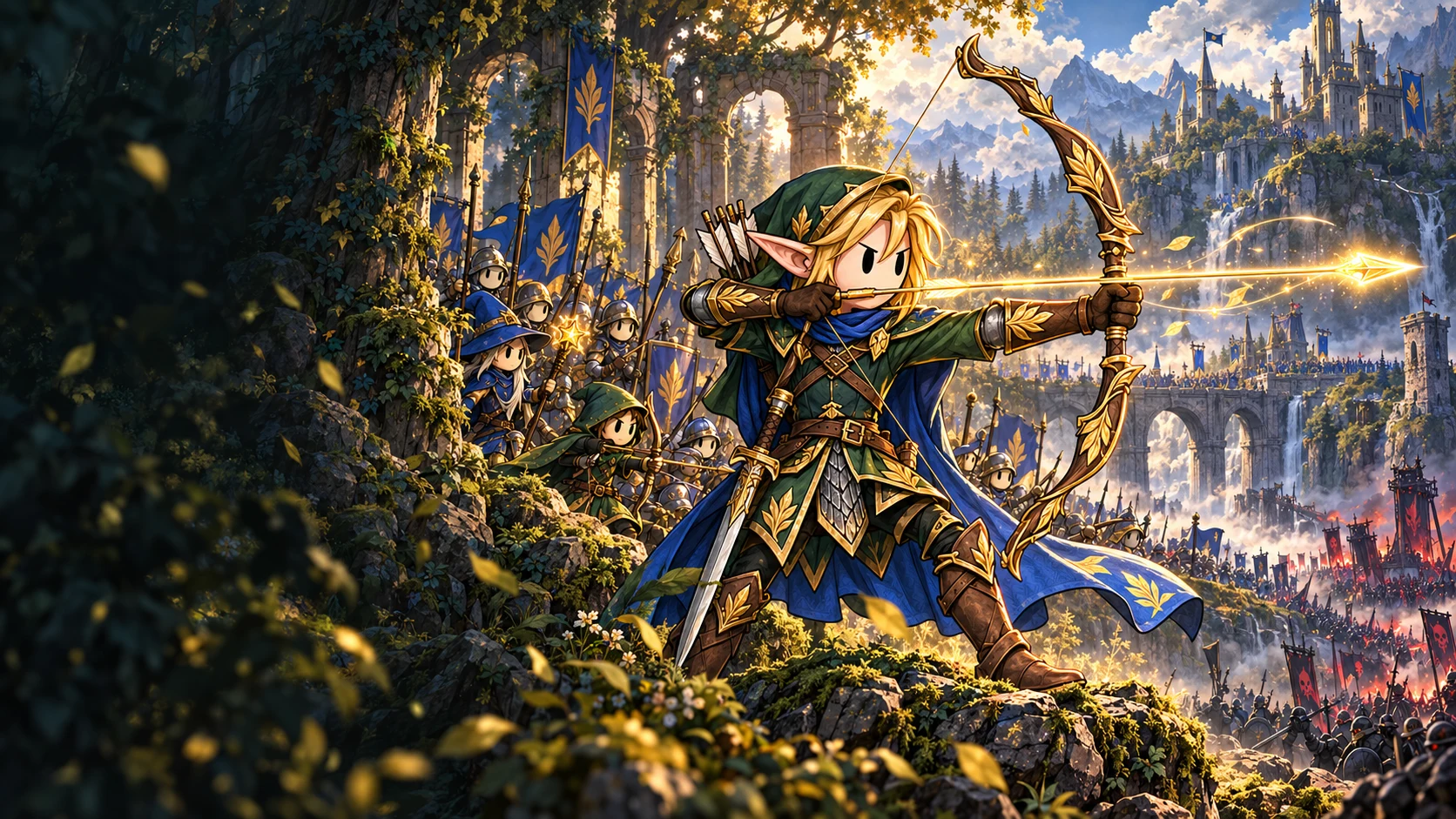 Blond Elf King in green and gold armor drawing his ornate bow