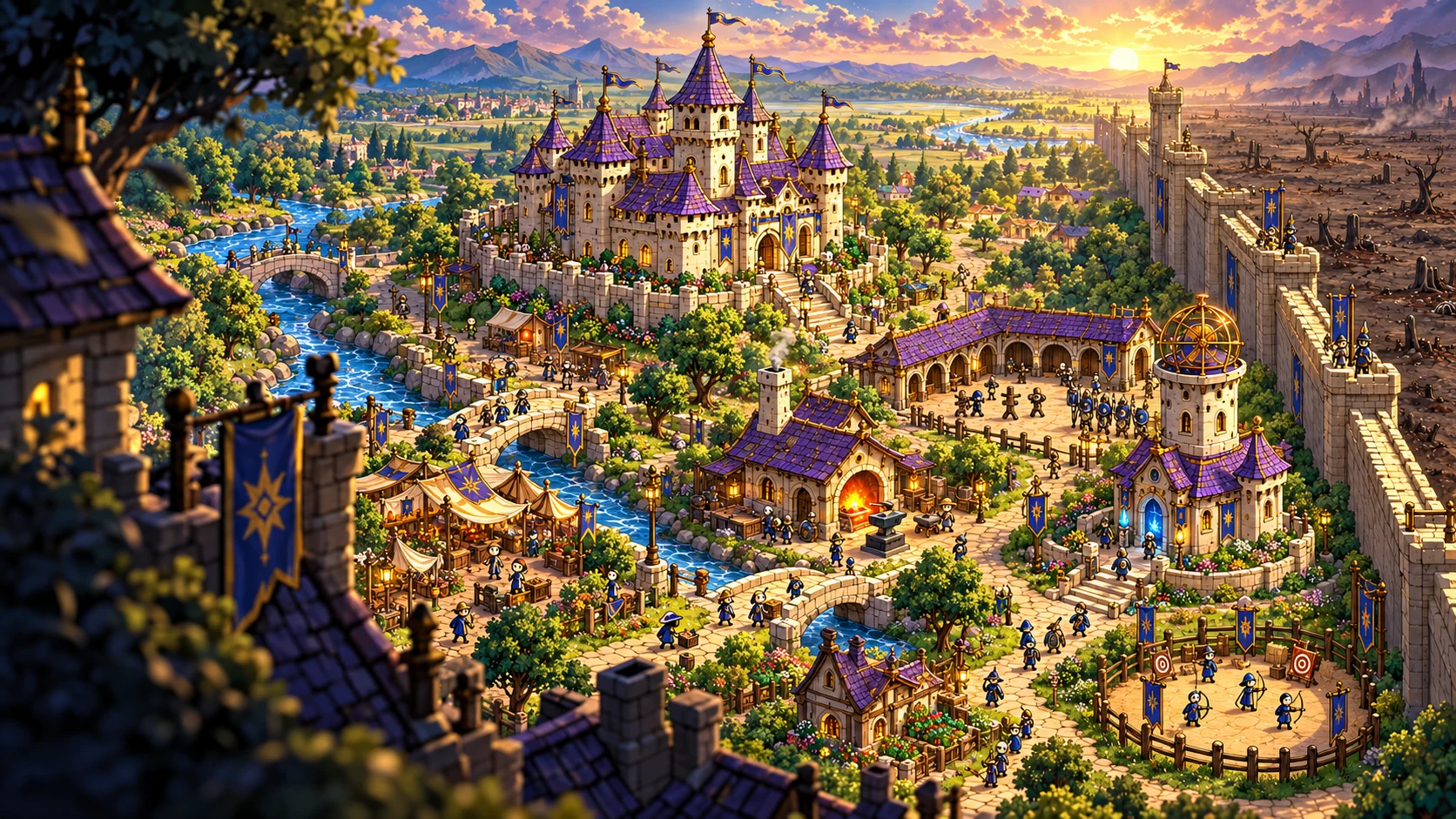 A newly illustrated view of Lord Of The Sticks' purple-roofed kingdom, forge and Watchwall in green meadows