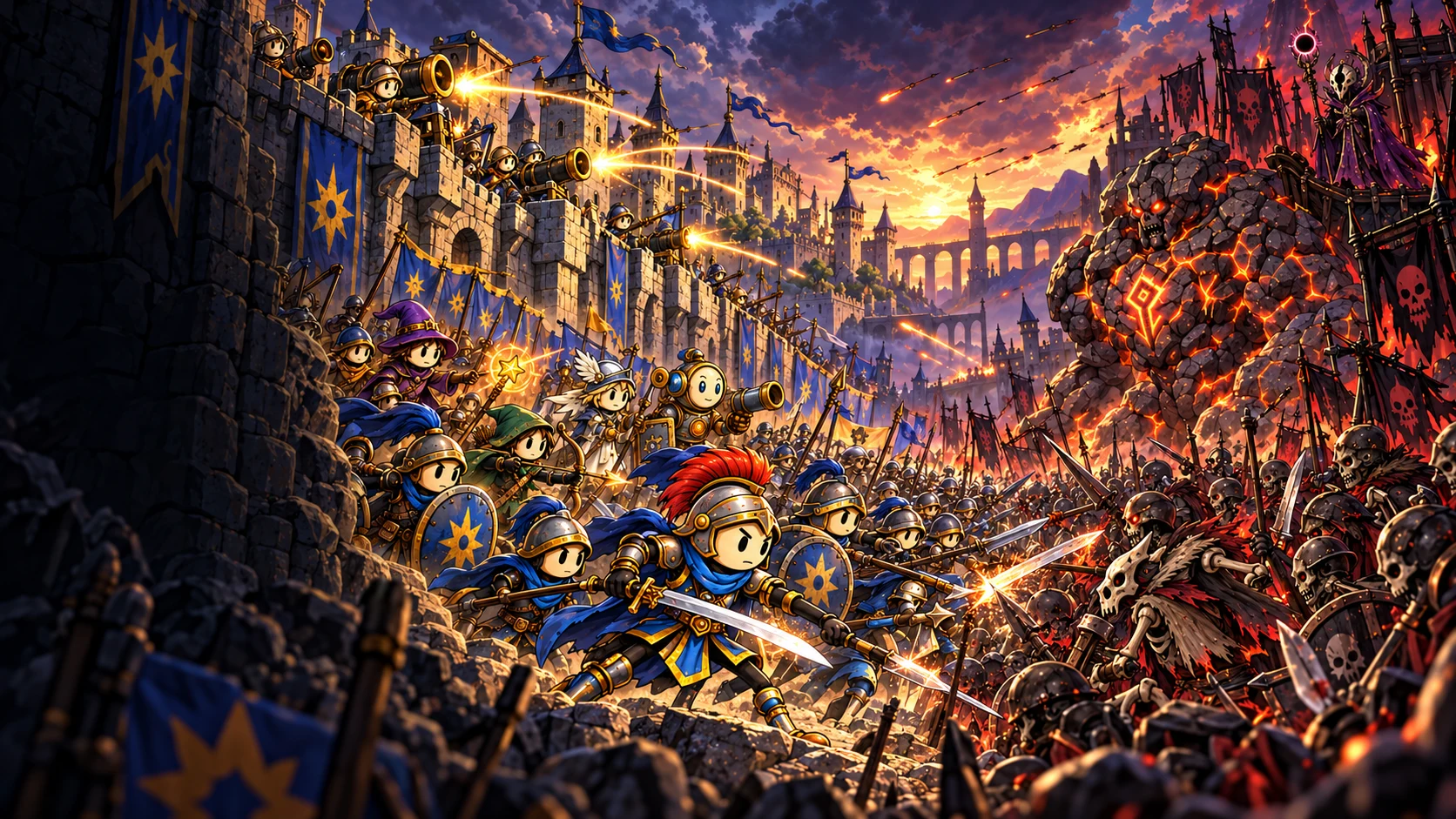 New promotional illustration of the Swordsman, blue-banner troops and artillery defending against a skeleton army