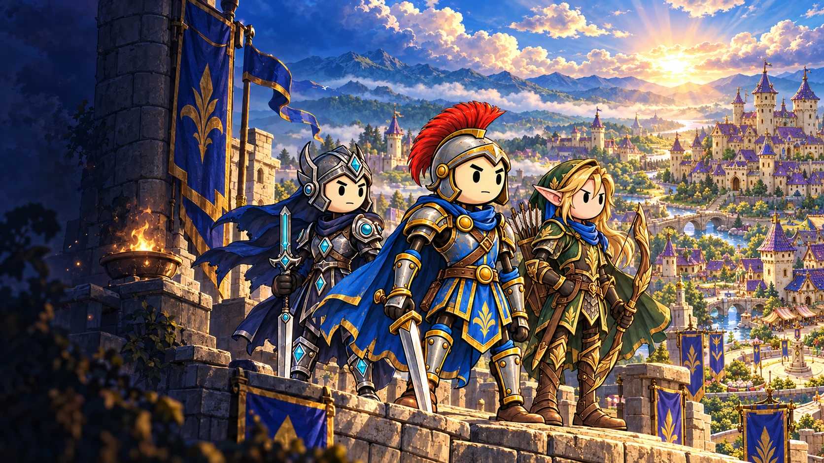 Lord Of The Sticks heroes overlooking their kingdom at sunrise