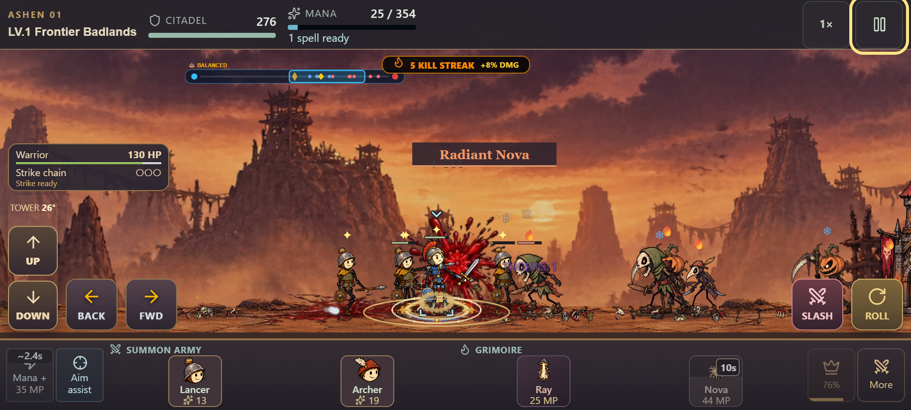 Lord Of The Sticks gameplay: Radiant Nova erupts around the Warrior during a campaign battle