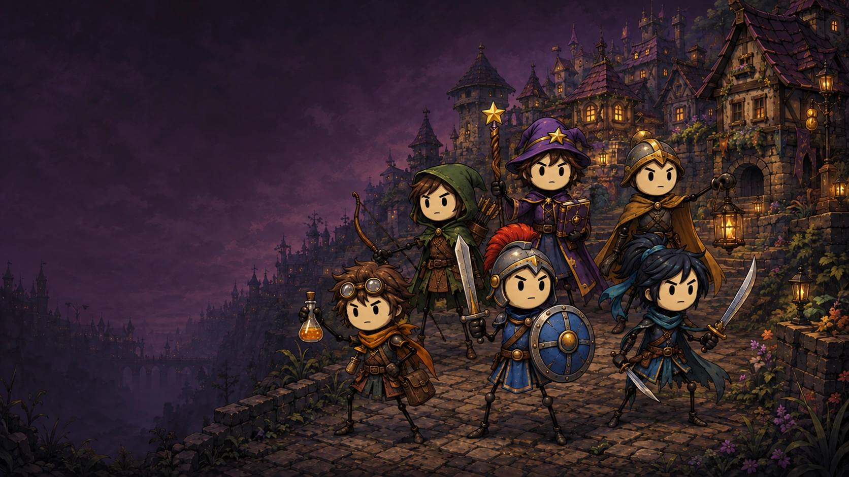 Six unlikely stick-limbed heroes gather in a lantern-lit crooked kingdom