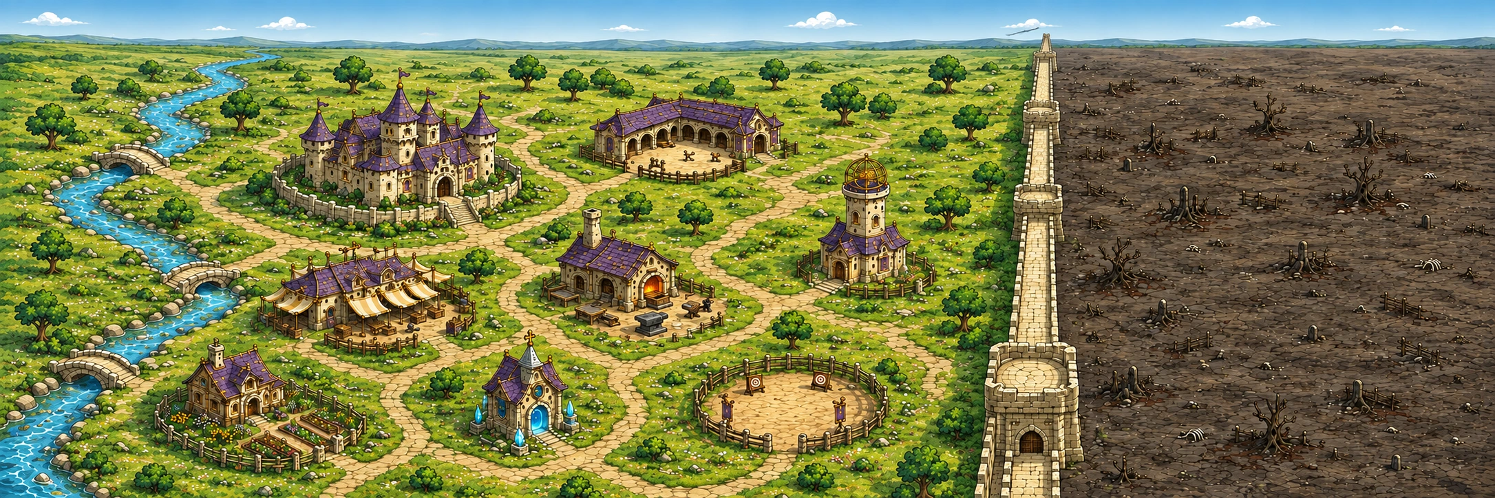 A thriving crooked kingdom separated from an undead battlefield by the Watchwall
