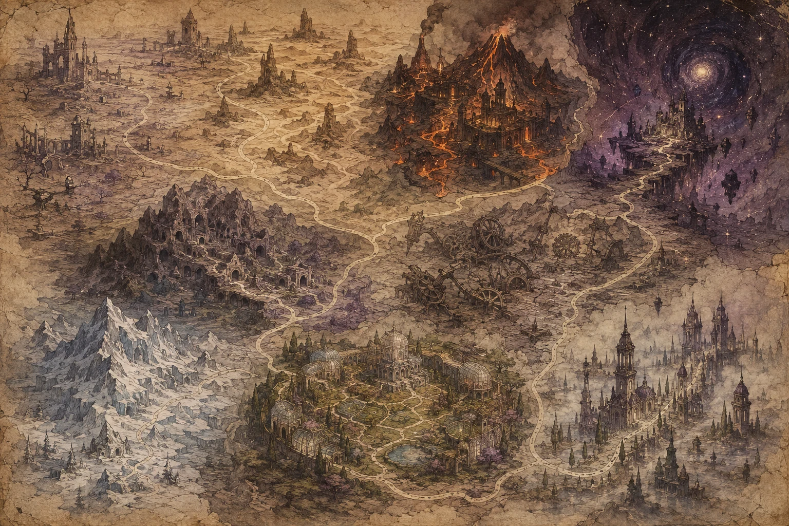 An illustrated parchment campaign map spanning forests, mountains, desert, and frozen lands