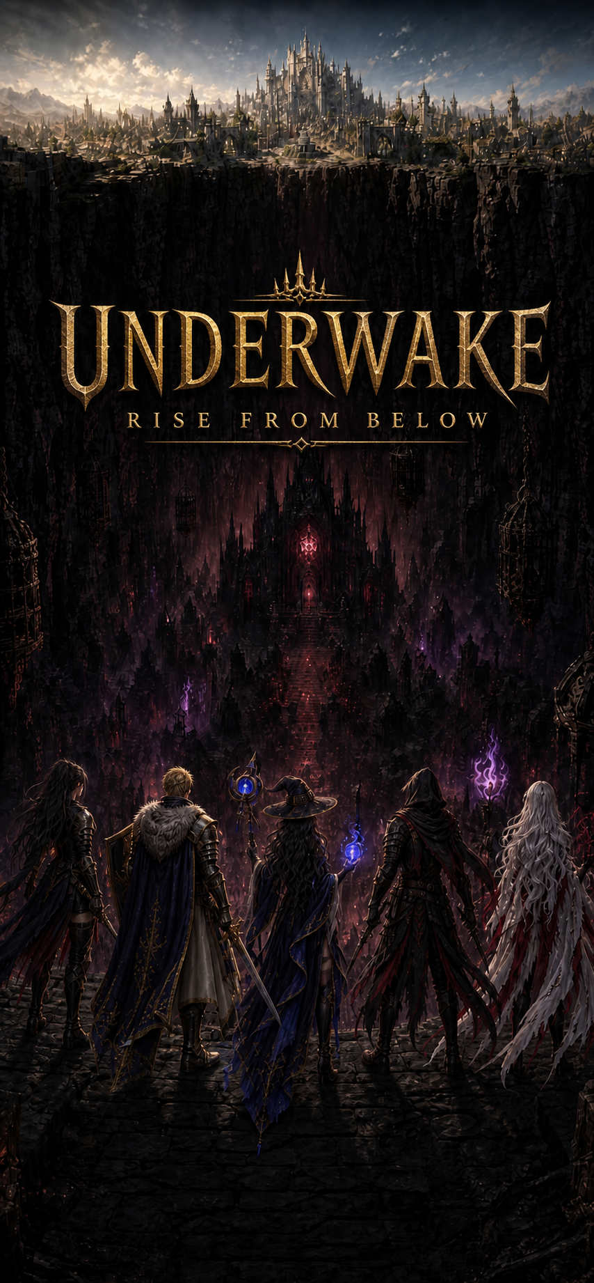 The approved UNDERWAKE title art showing the ruined kingdom and the five heroes descending below
