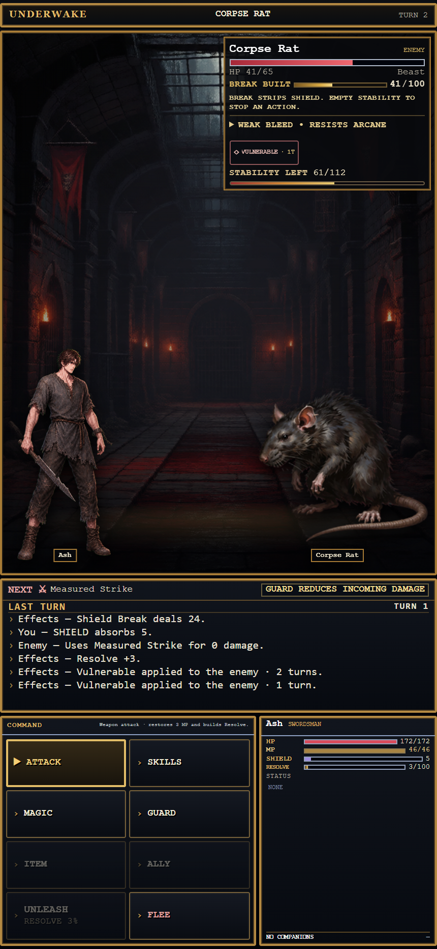 UNDERWAKE gameplay: Ash fights a Corpse Rat in the prison corridor, with Shield Break in the combat log