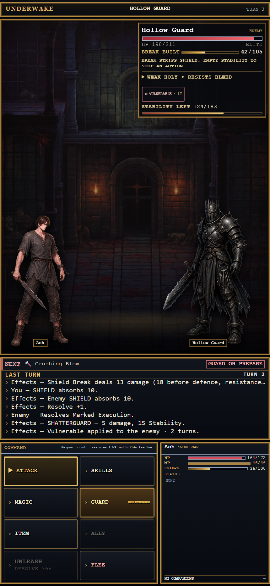 UNDERWAKE gameplay: Swordsman Ash faces the armored Hollow Guard with Crushing Blow intent and tactical commands visible
