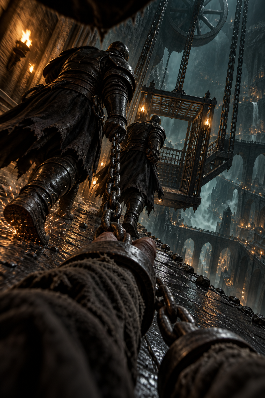 A chained prisoner's view down a long, torch-lit stairway